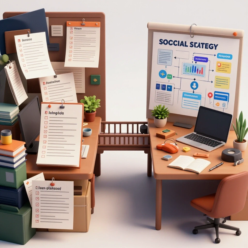 A vibrant visual contrast of a cluttered workspace and an organized desk showcasing social media strategy.