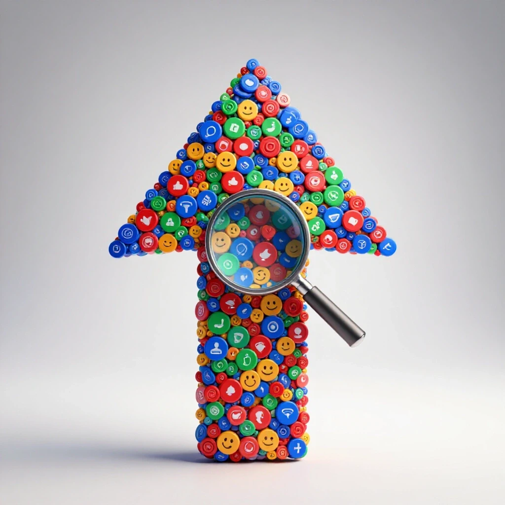 A vibrant arrow made of social media icons with a magnifying glass, symbolizing social media testing and analysis.
