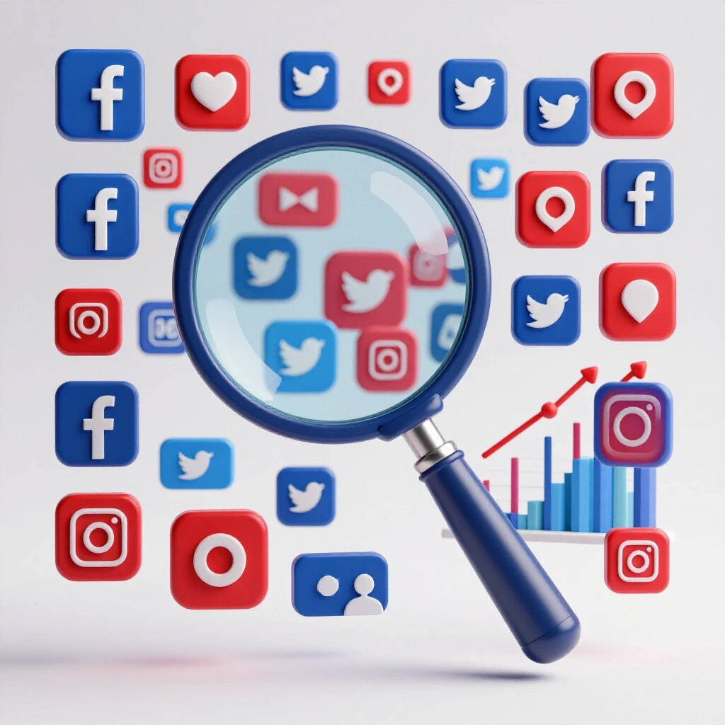 A vibrant magnifying glass overlaid on colorful social media icons and growth charts, symbolizing focus on testing insights.