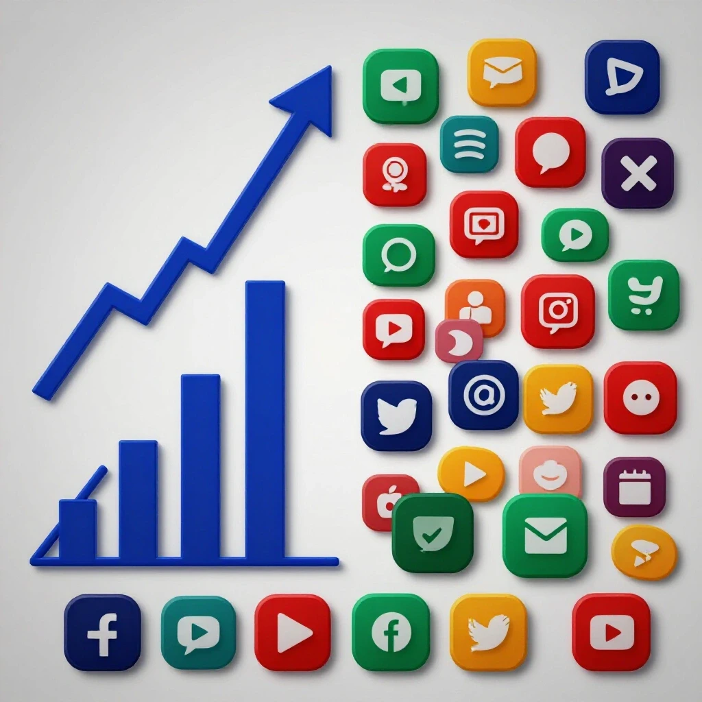 Visualization of social media growth with a graph alongside colorful icons, depicting tool comparison for marketers.