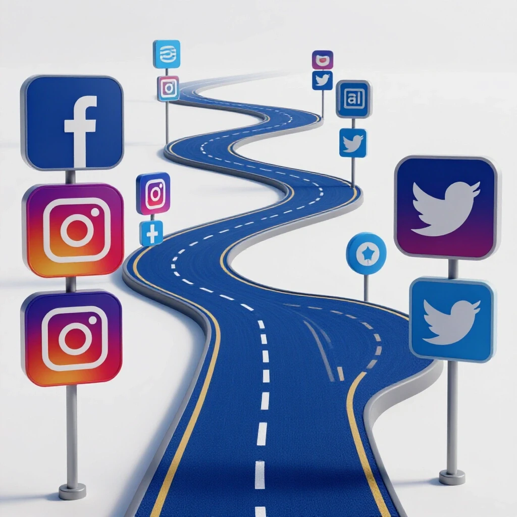 A winding road with social media icons on signposts leading to a bright horizon, symbolizing a smooth transition.