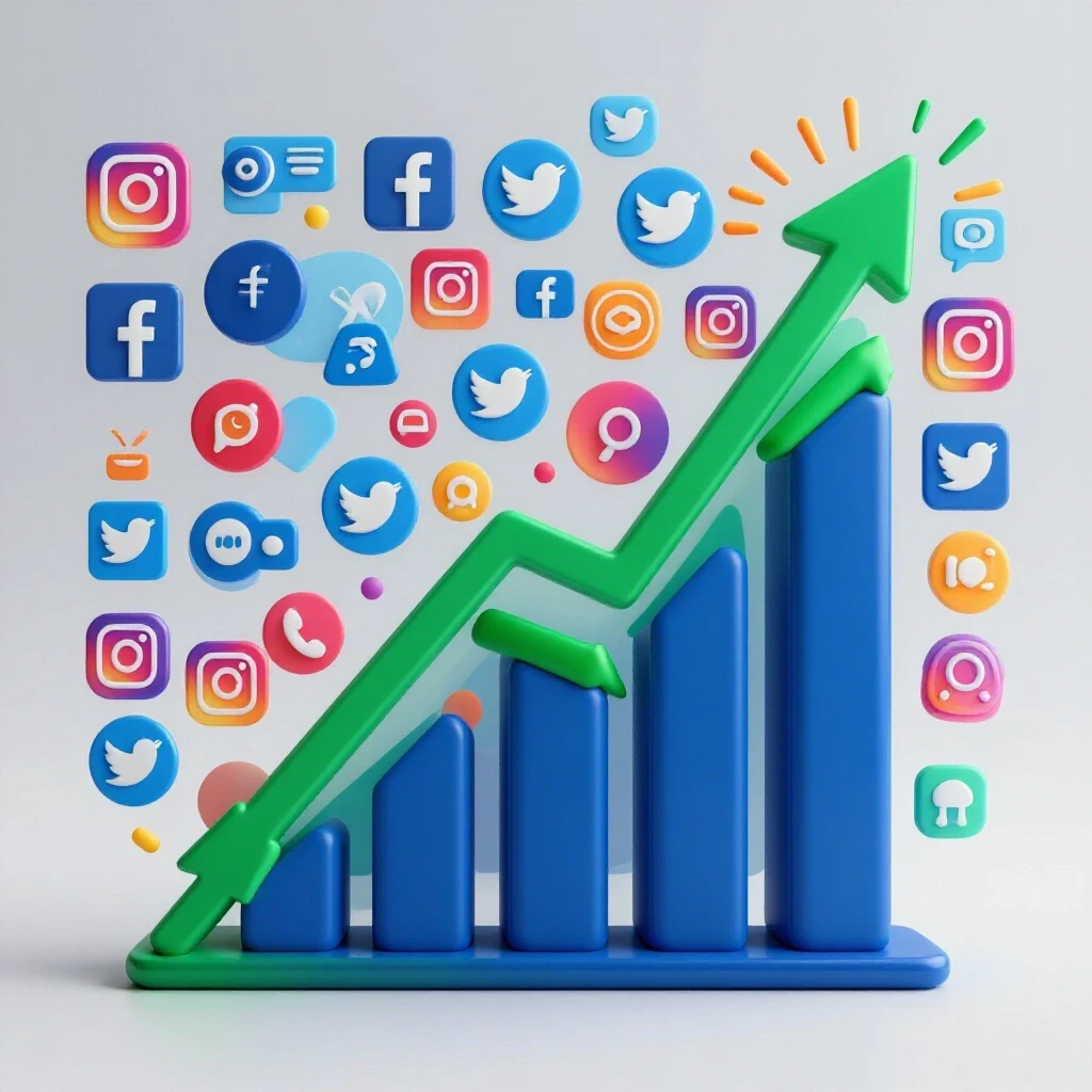 A vibrant graph showing social media growth surrounded by colorful social media icons, representing performance insights.