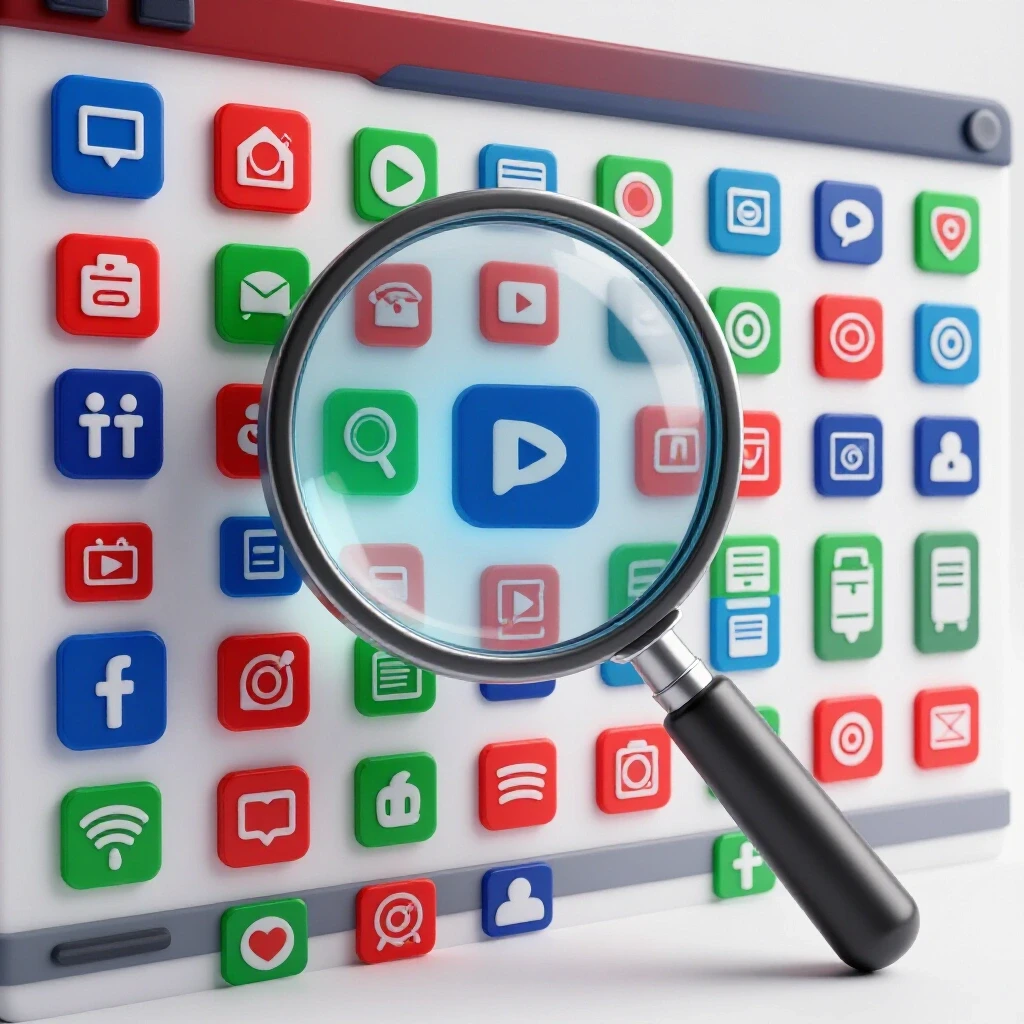 A vibrant social media dashboard with colorful icons under a magnifying glass, highlighting productivity tools.