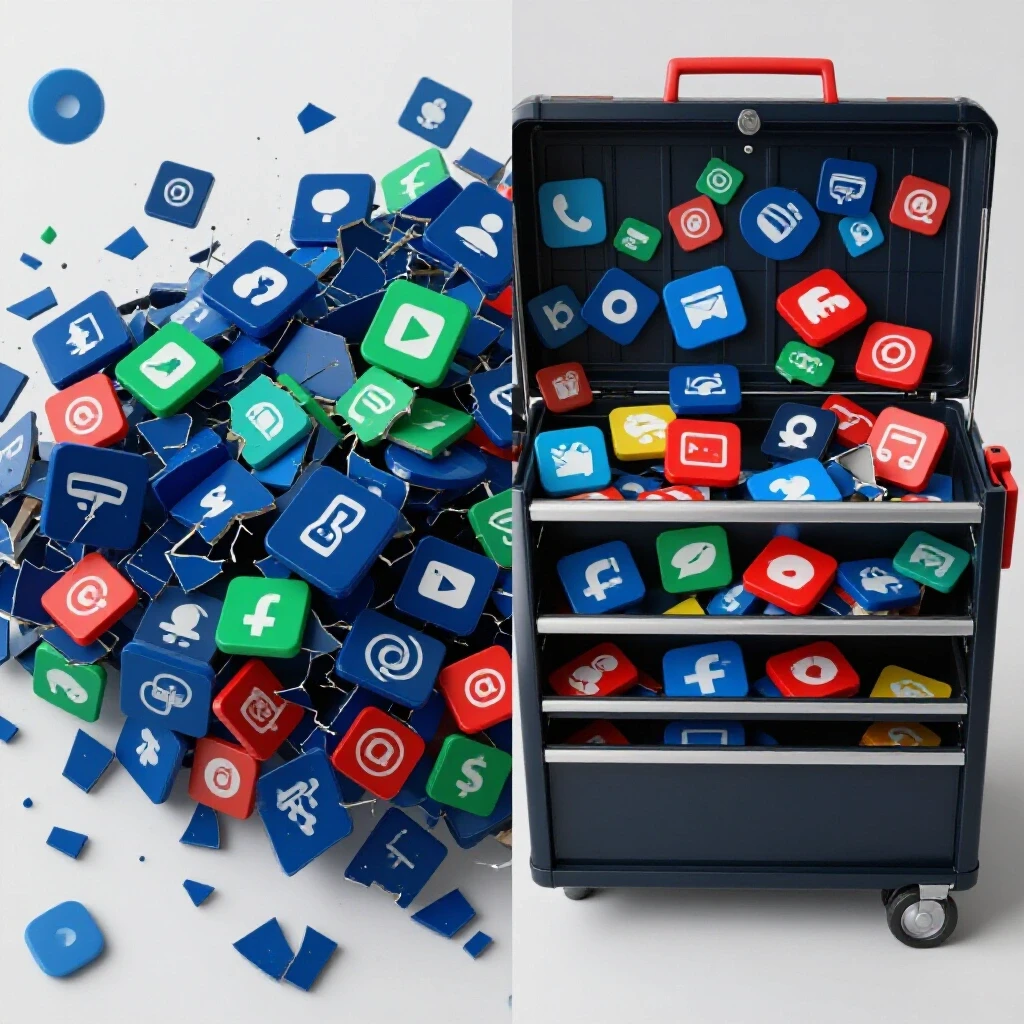 A visual contrast of a chaotic toolbox filled with broken social media icons and a sleek organized toolbox with vibrant icons.