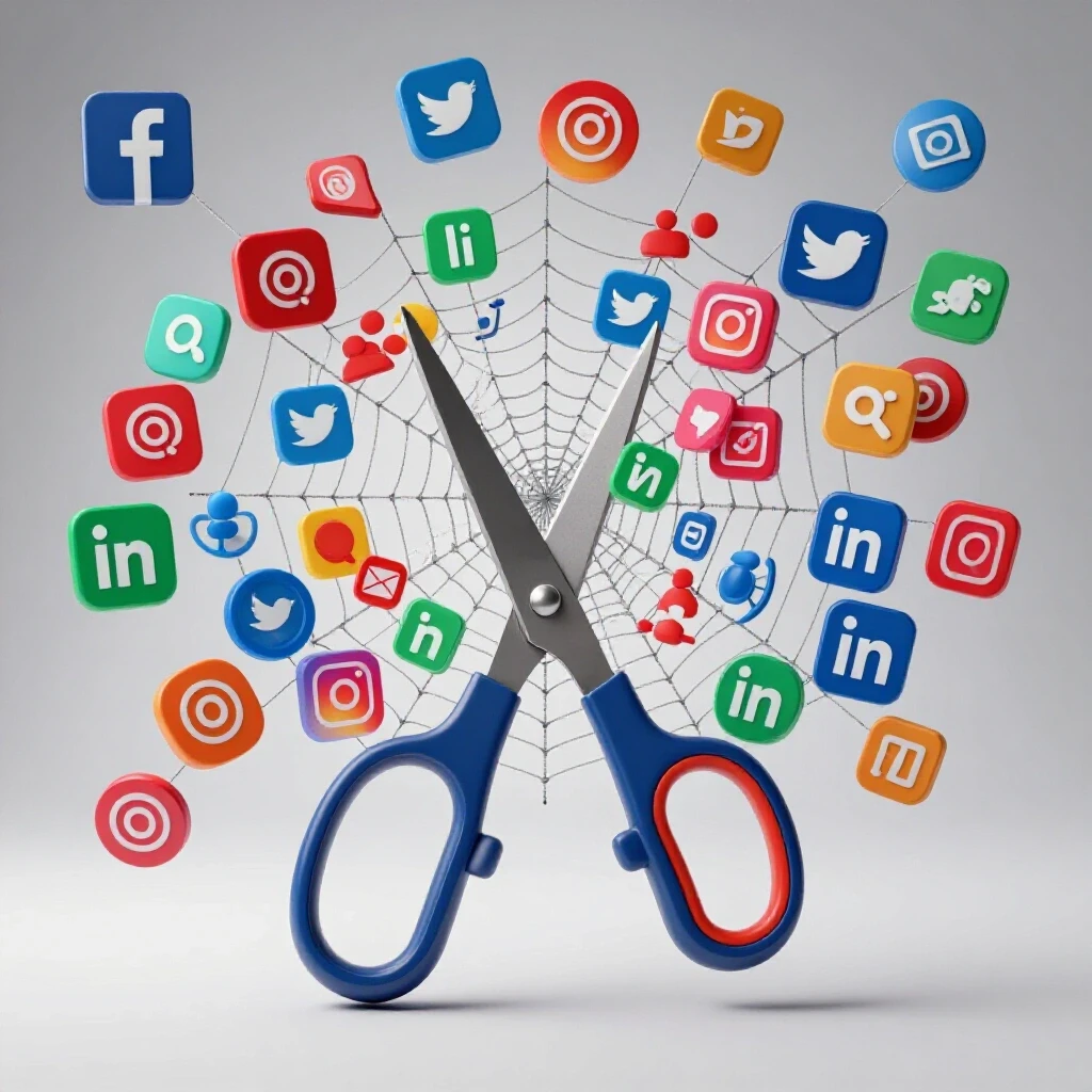 A pair of scissors cutting through a web of colorful social media icons, symbolizing tool elimination.