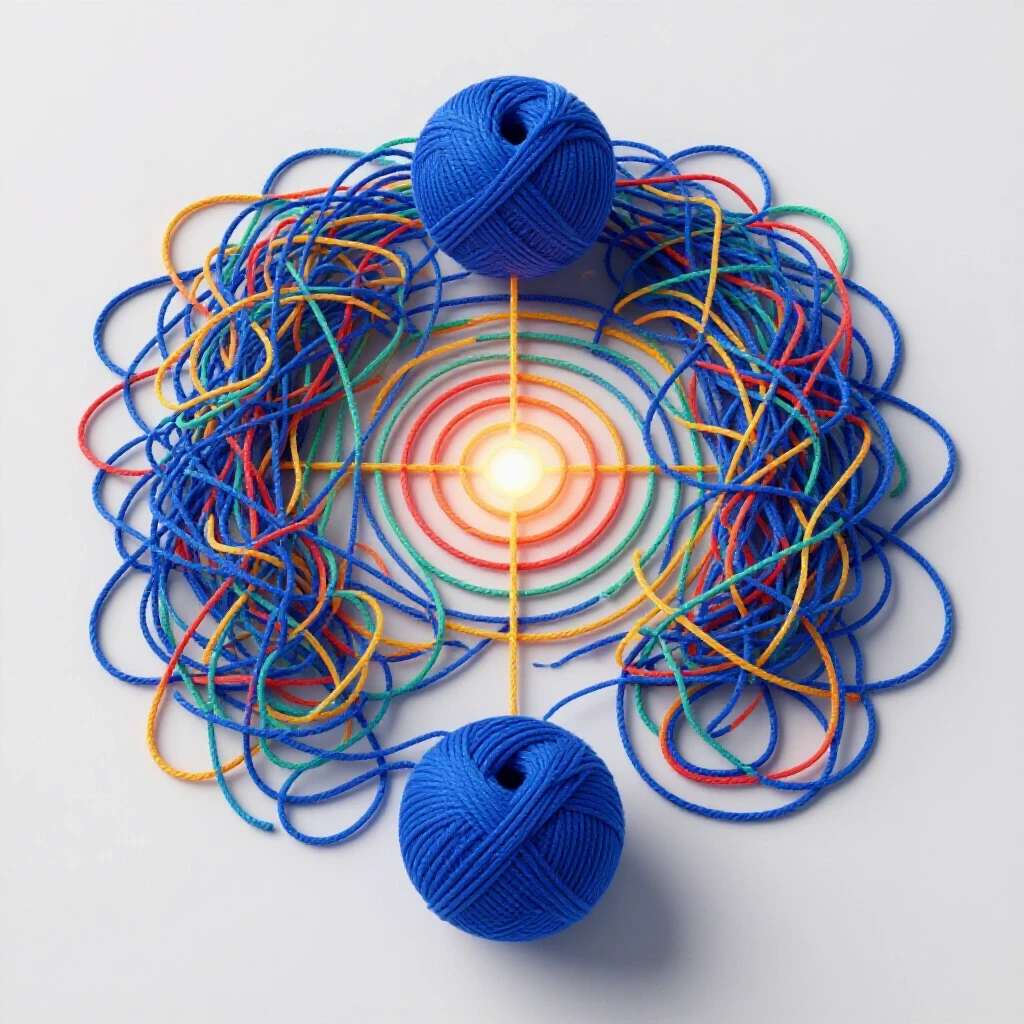 A visual metaphor illustrating complicated UTM tracking with a tangled yarn ball and clear paths leading to a shining target.
