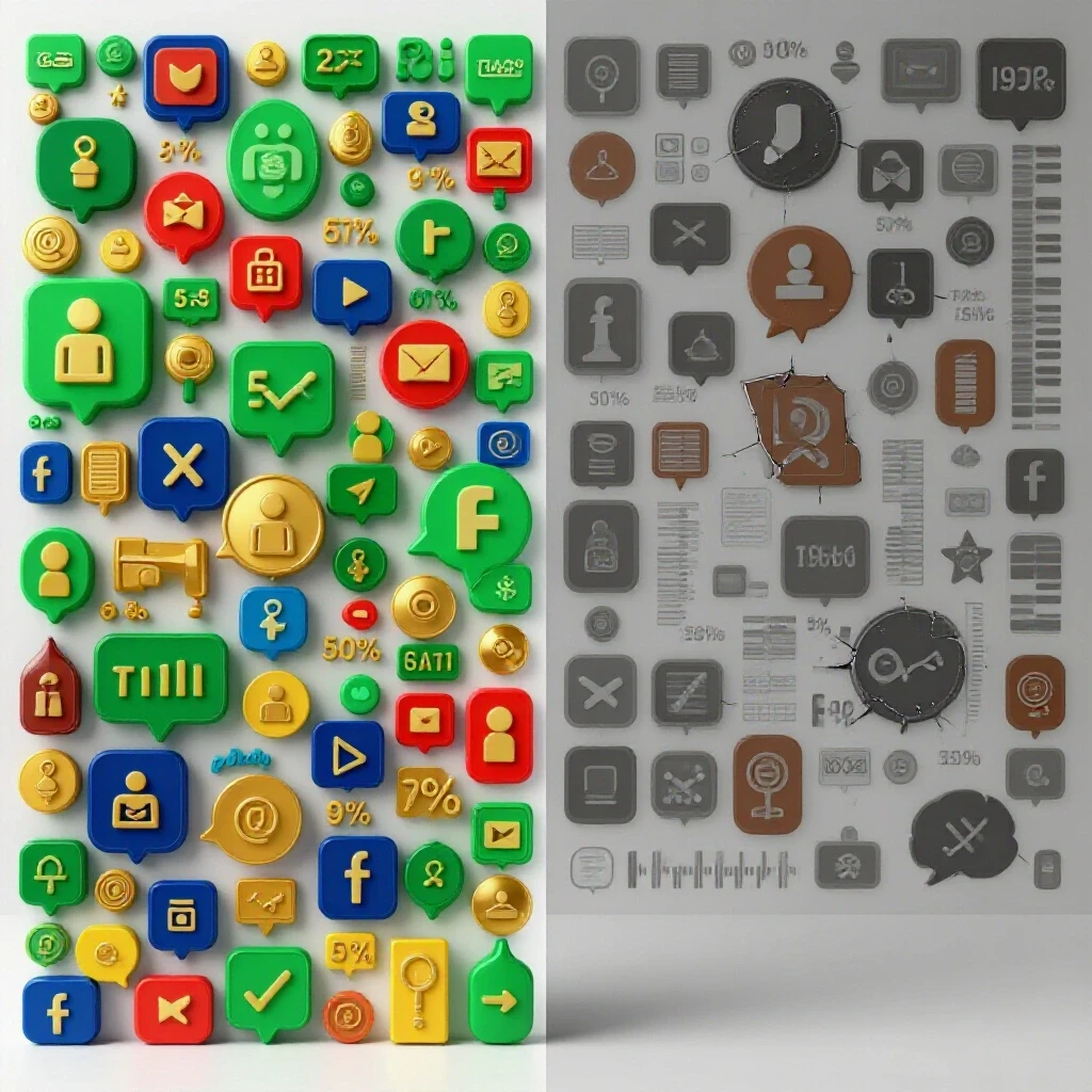 A vibrant split-image showing flourishing social media metrics on one side and crumbling metrics on the other, symbolizing account health disparity.