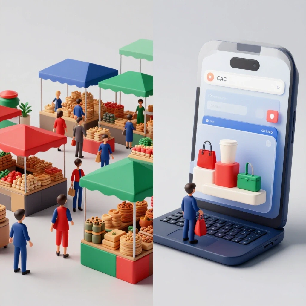A split-screen visual contrasting a bustling marketplace with a serene online shopping site, symbolizing CAC differences.