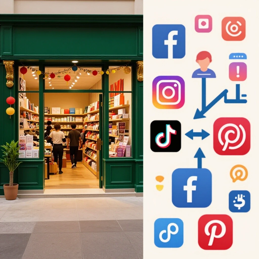 A vibrant retail store alongside social media platform icons, depicting connection and traffic flow.