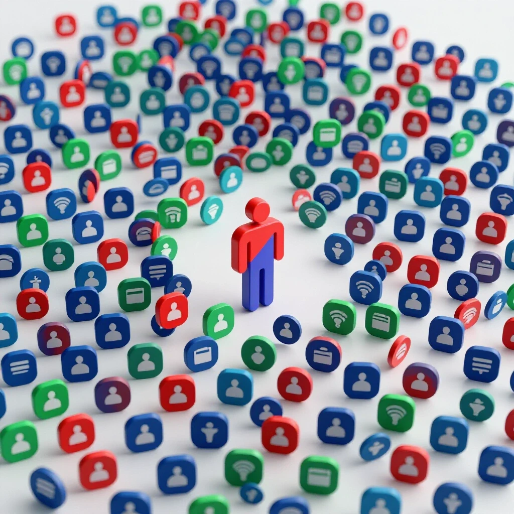 An abstract geometric figure breaking through a cluttered landscape of social media icons, symbolizing innovation.