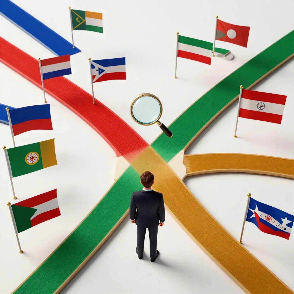 A visual representation of a person at a crossroads with colorful paths leading to different country flags, symbolizing decision-making.