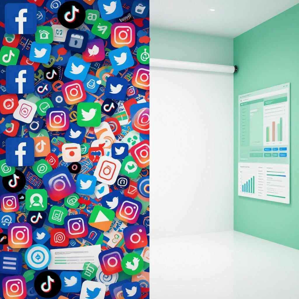 A split-image showing chaotic social media platforms on one side and a streamlined professional environment on the other, illustrating career growth.