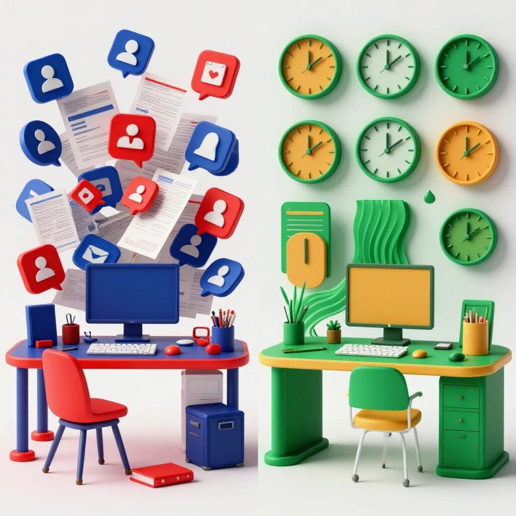 A split-screen image illustrating a chaotic social media workspace on one side and an organized efficiency-focused workspace on the other.