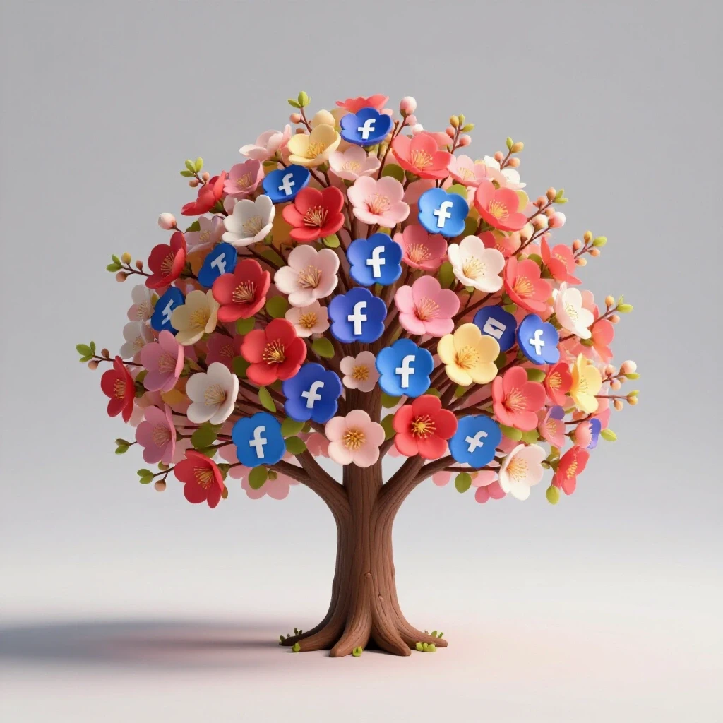A vibrant 3D illustration of a blossoming tree with colorful flowers and subtle social media icons, symbolizing spring post ideas.