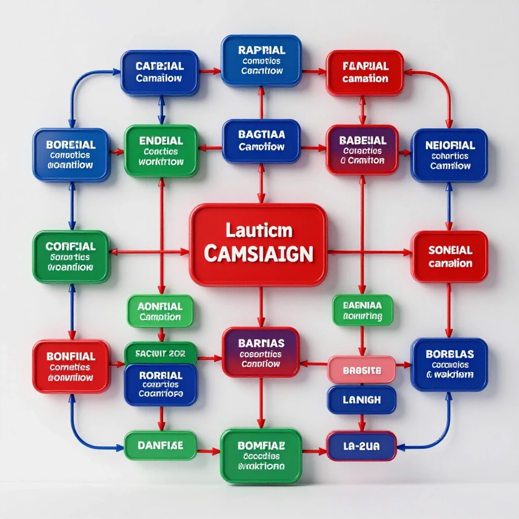 A vibrant 3D flowchart illustrating a social media campaign workflow, with rich colors and a bright clean background.