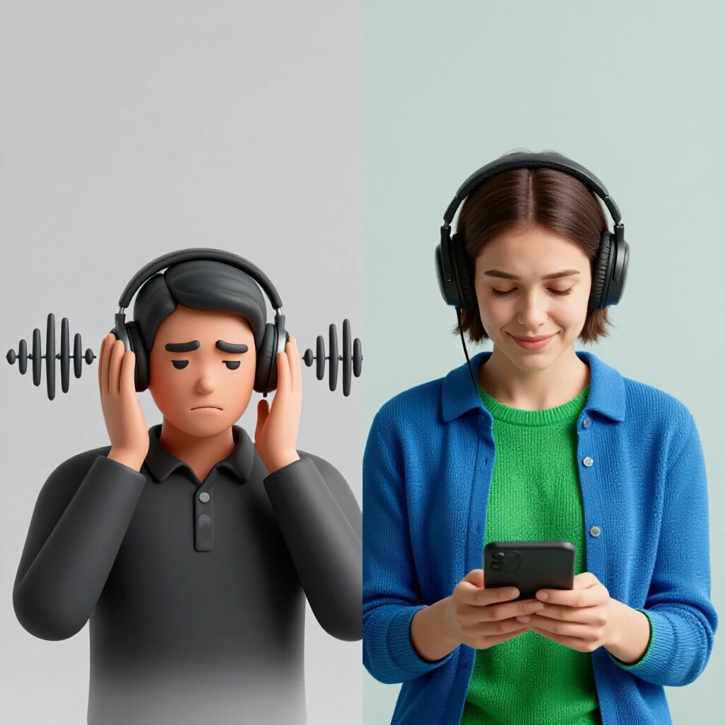 A split-image showing a frustrated user with headphones on one side and a serene user enjoying their social media experience on the other.