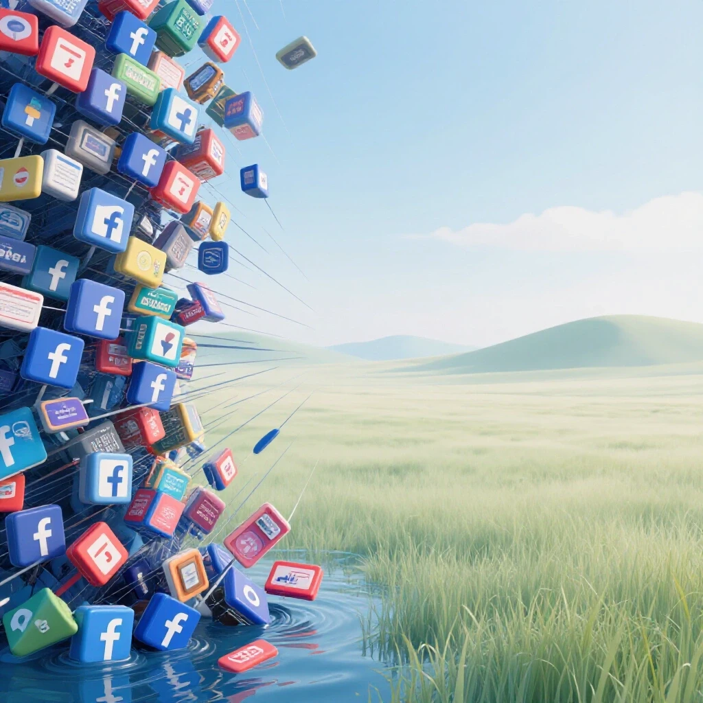 A vibrant contrast of chaotic Facebook ads on the left and a serene landscape on the right, illustrating ad overload and peace.