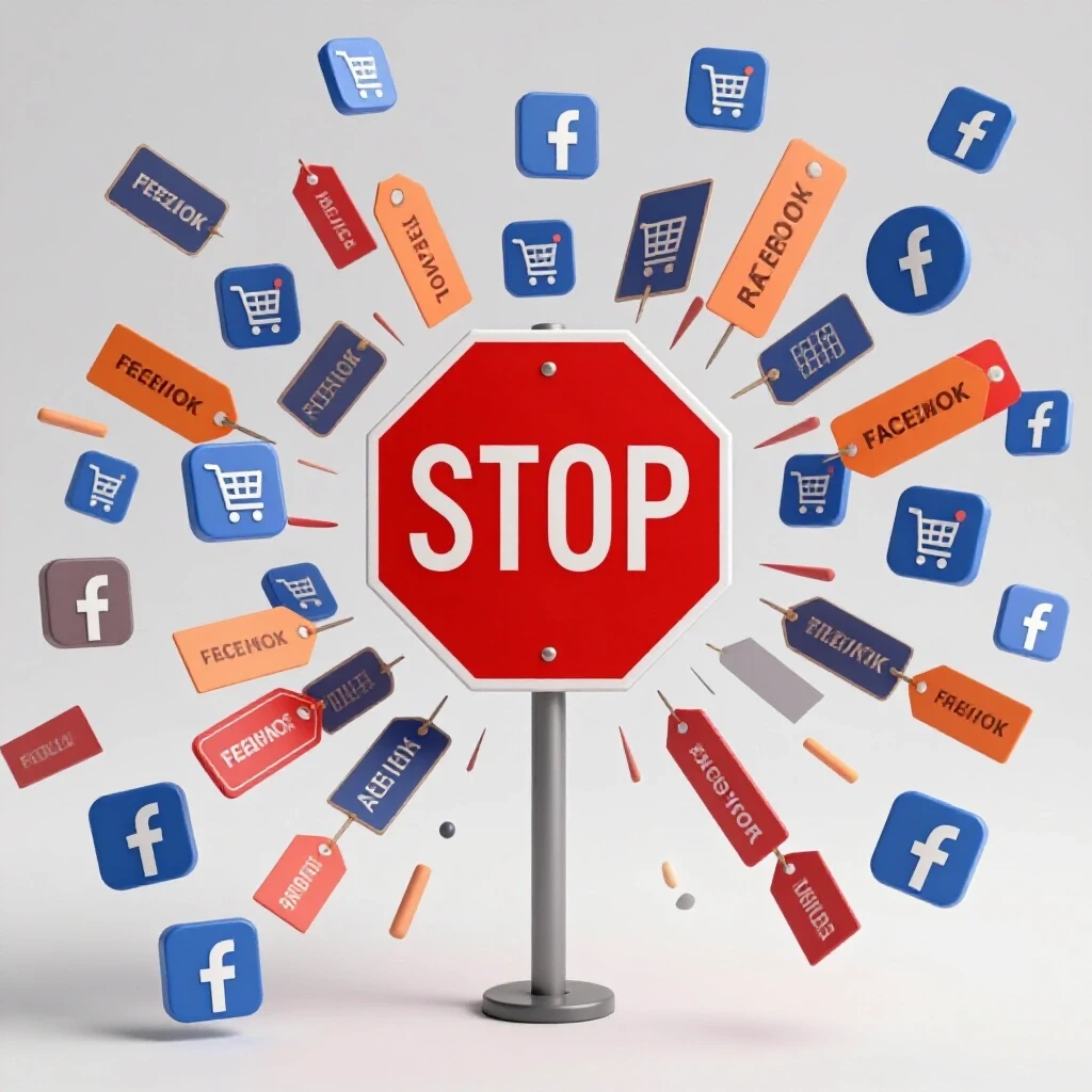 A red stop sign surrounded by chaotic Facebook Marketplace icons illustrating the removal of ads.