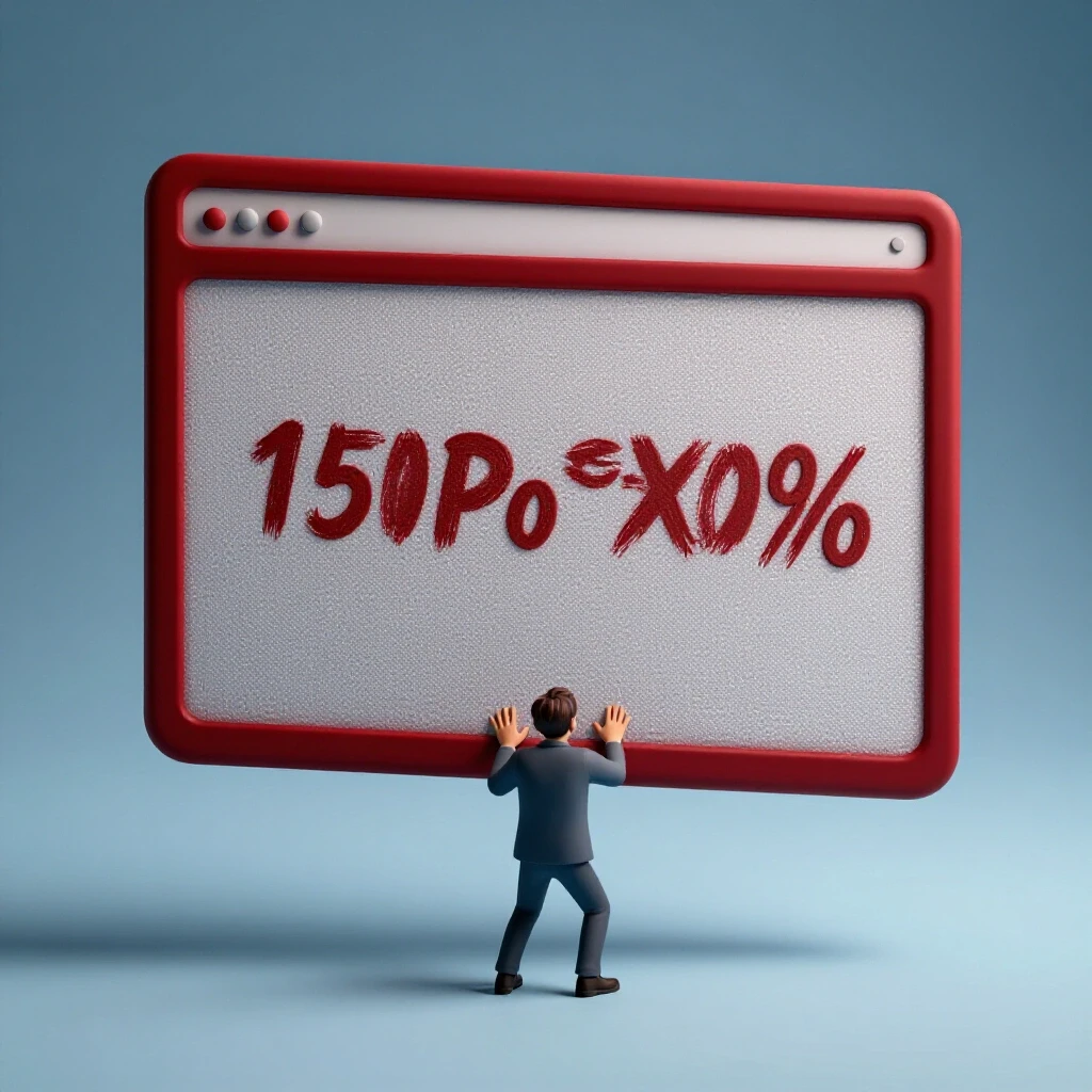 A giant crimson pop-up ad overshadowing a small frustrated figure trying to close it, set against a calming blue backdrop.