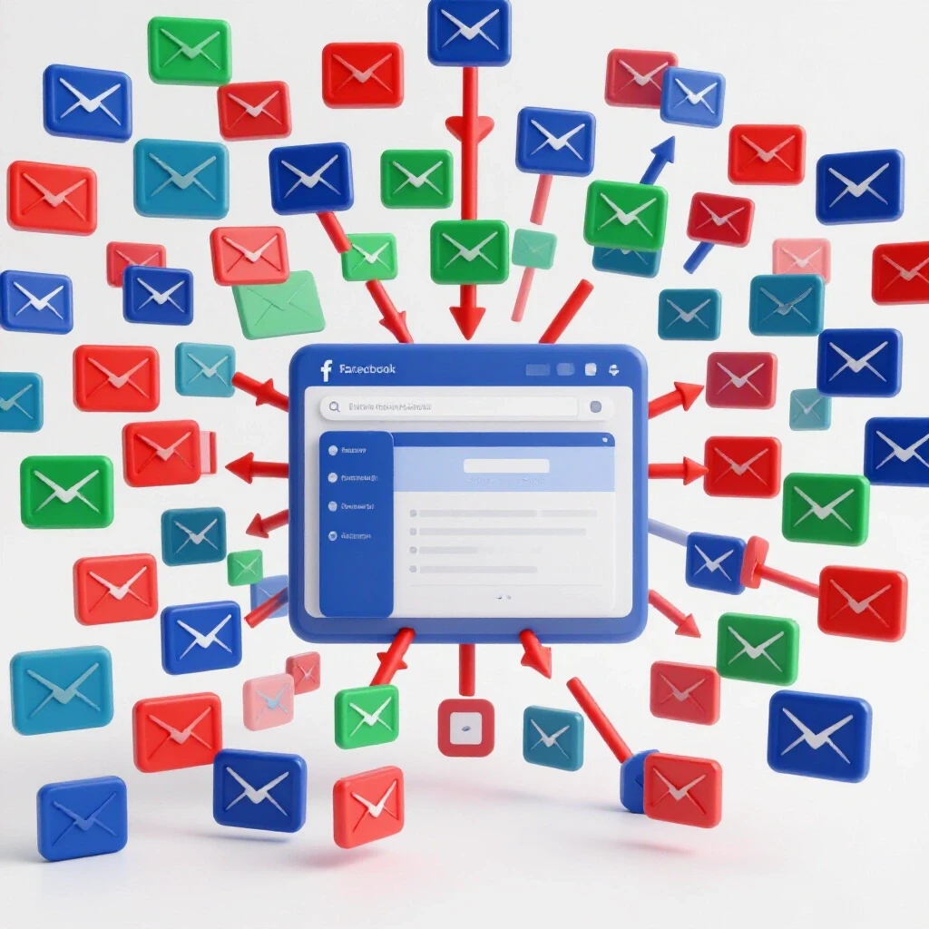 3D representation of a streamlined Facebook page surrounded by email icons and arrows, emphasizing email integration.