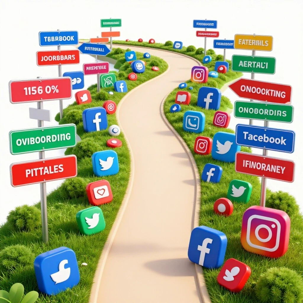 Vibrant digital landscape with a winding path and social media icons, depicting onboarding strategies visually.