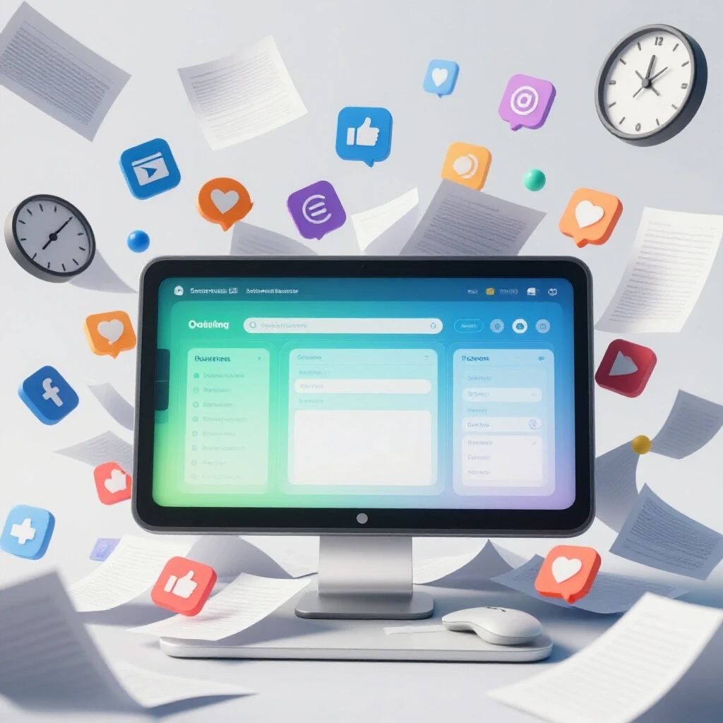 A modern dashboard interface for social media reporting, surrounded by chaotic elements like scattered papers, clocks, and social media icons.