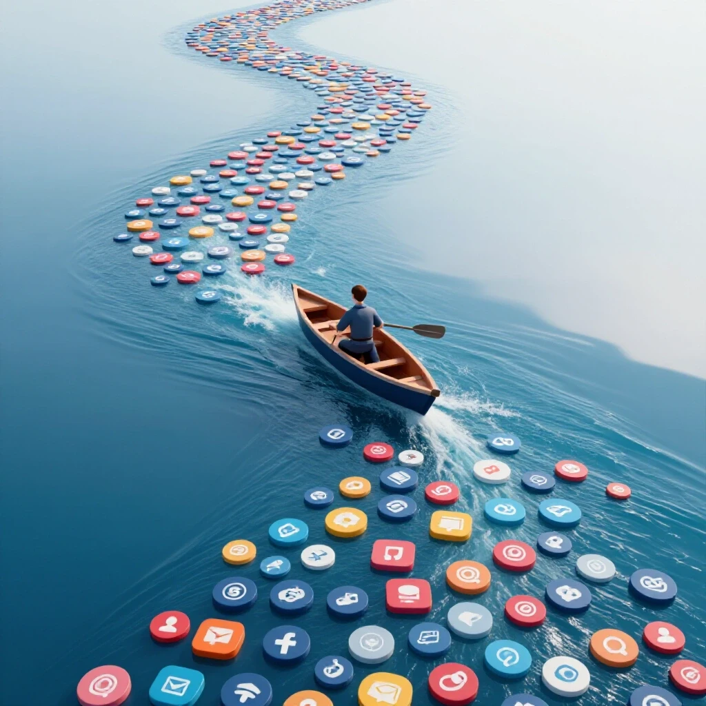 A 3D depiction of a river made of social media icons, with a streamlined boat navigating through it, symbolizing smooth reporting workflows.