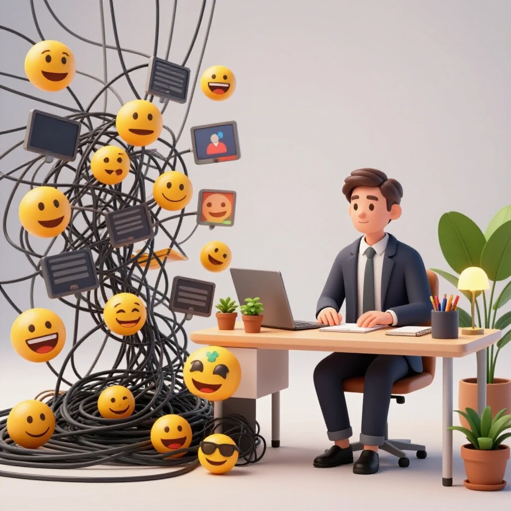 A split-scene image showing chaos of social media on one side and a calm consultant's workspace on the other.