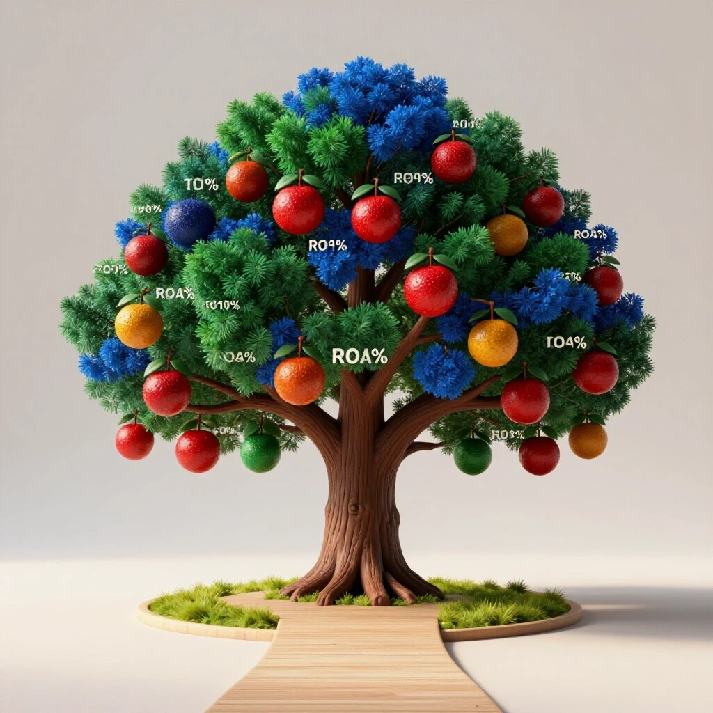 A vibrant 3D tree with branches labeled as social media platforms and colorful fruits indicating strong ROAS percentages.
