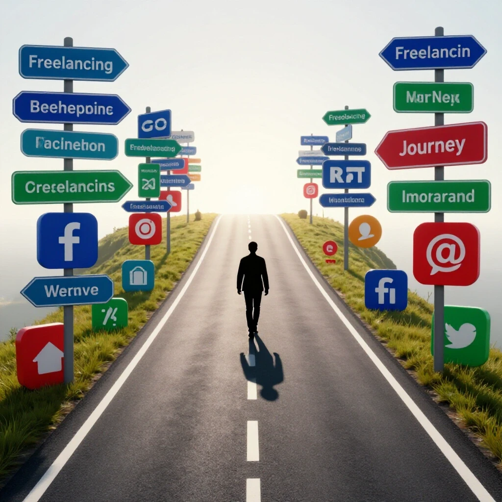 A winding road with social media icons symbolizing milestones, and a silhouette walking towards a bright horizon.