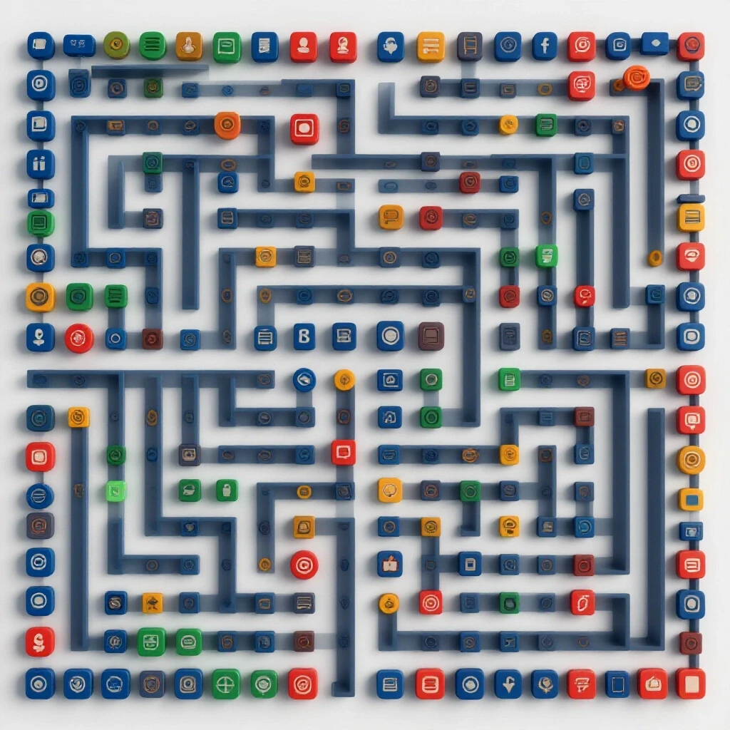 A vibrant 3D maze made of social media icons representing a successful journey in a social media agency role.