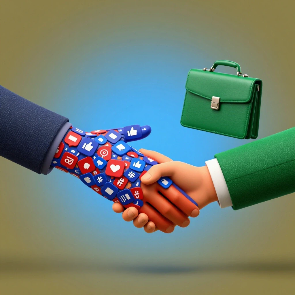 A dynamic visualization of two 3D hands approaching each other; one with social media icons and the other with business elements, set against a contrasting vibrant background.