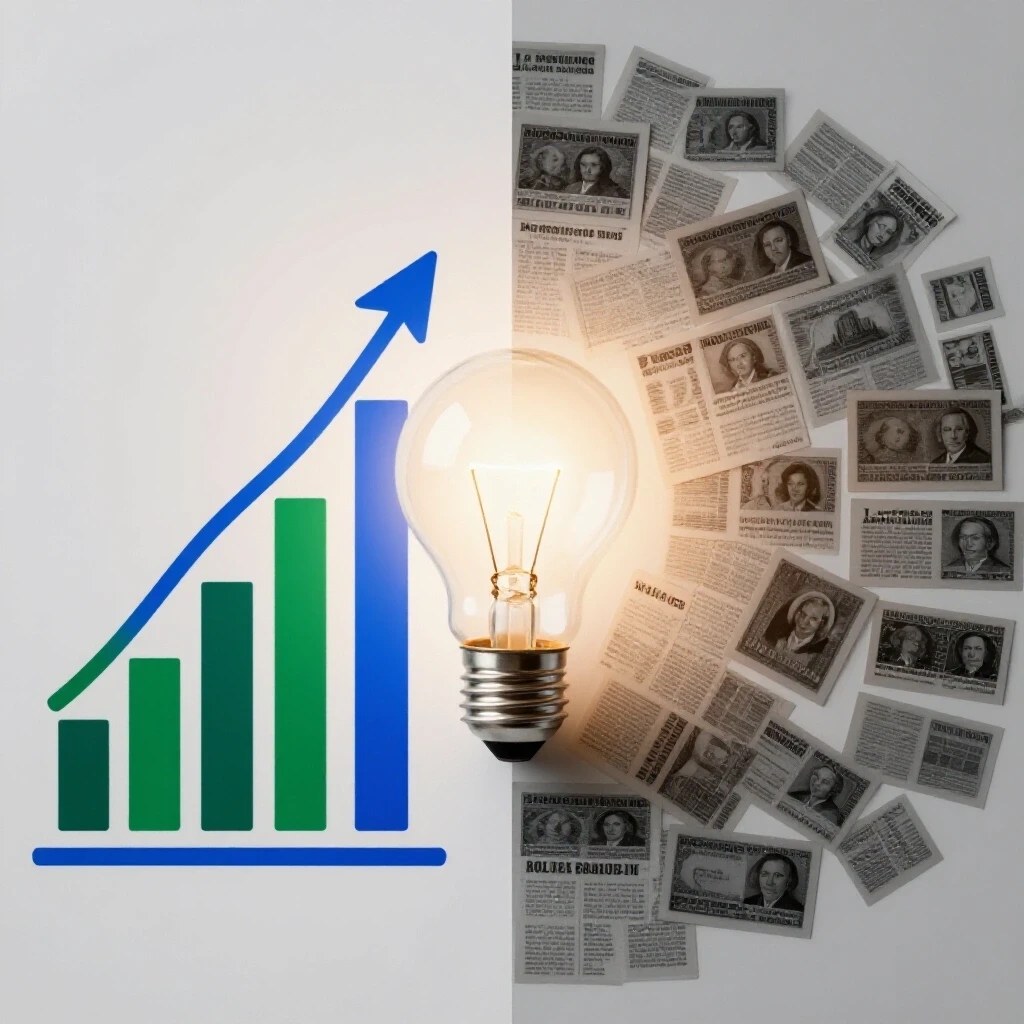A dynamic split-image contrasting a vibrant success graph and chaotic failed ads, with a light bulb symbolizing insight at the center.