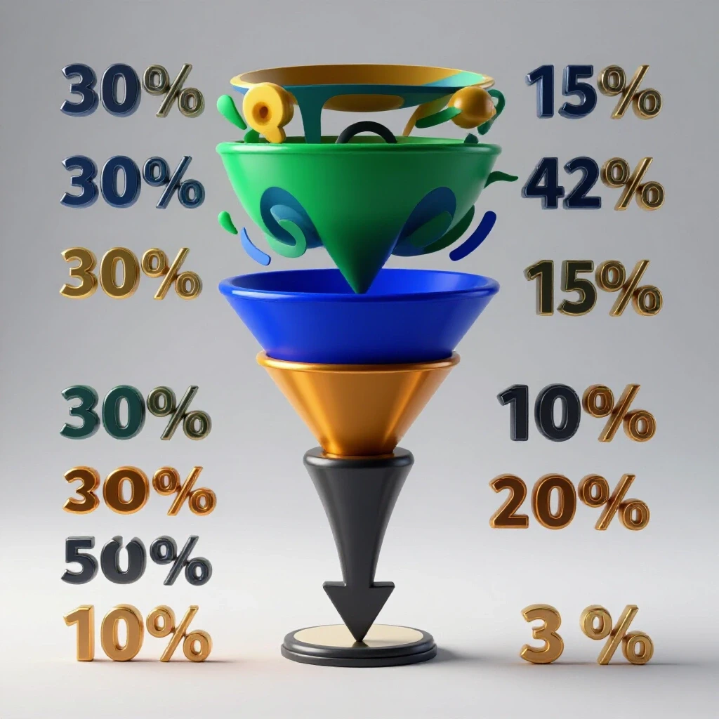 3D-rendered funnel graphic illustrating the journey from attraction to conversion in Instagram marketing.