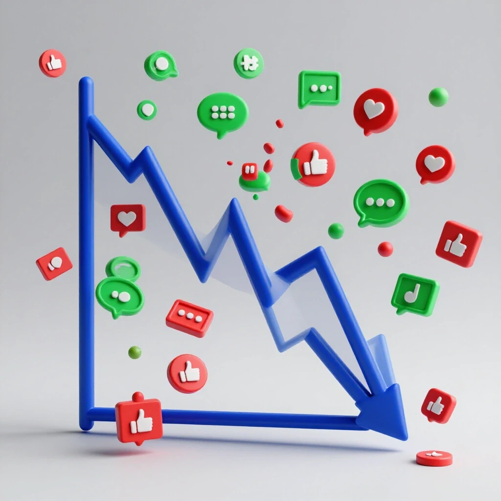 A dramatic 3D image illustrating a sharp drop in link clicks with vibrant social media icons around a downward graph.