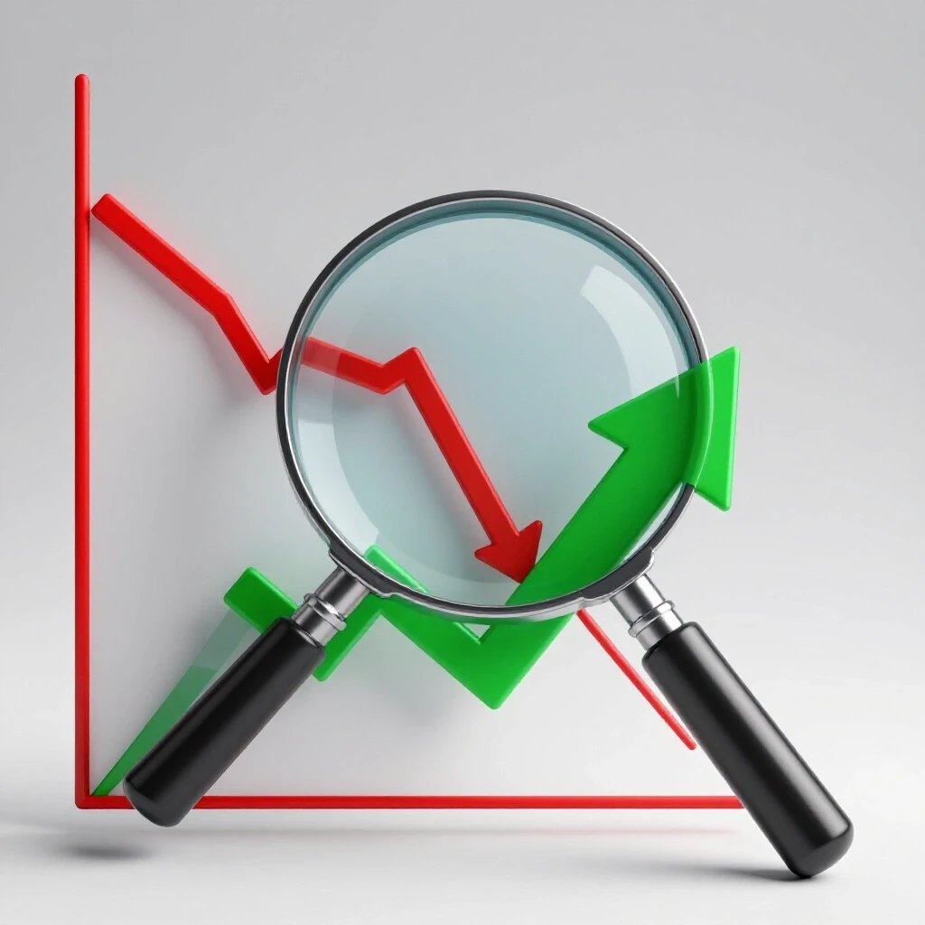 A stylized 3D graph showing a steep decline in social media reach with a magnifying glass highlighting a green upward arrow, symbolizing overcoming obstacles.