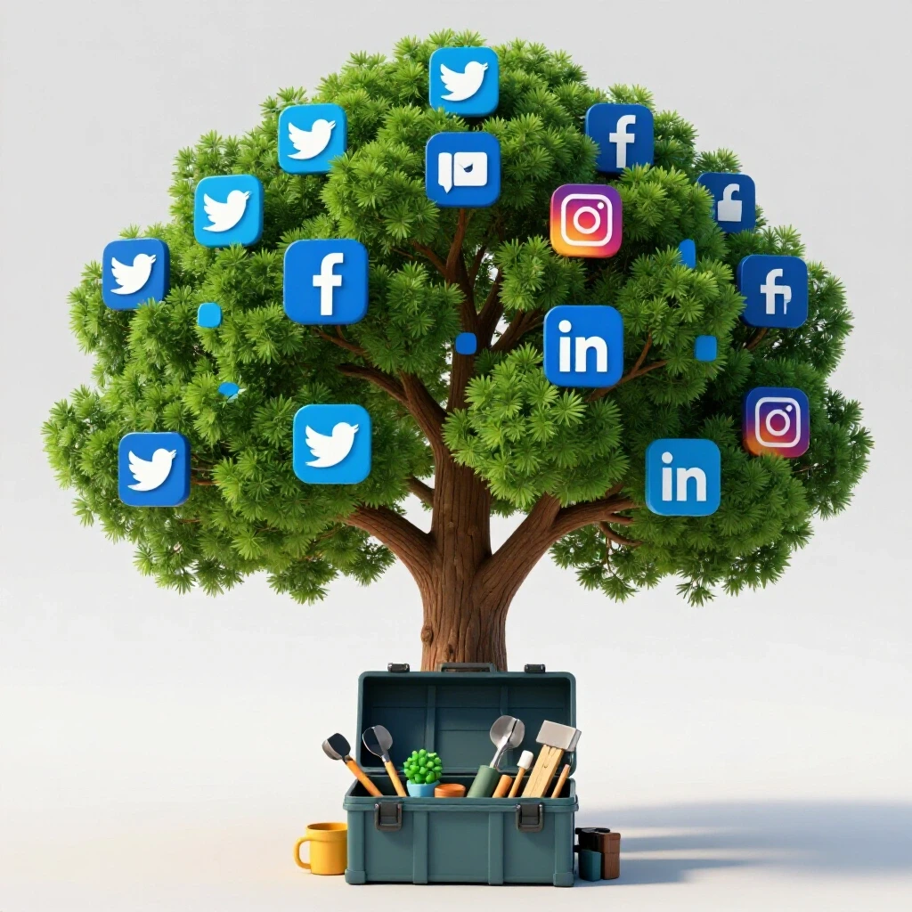 A vibrant green tree with social media branches and a toolbox of eco-friendly tools below it