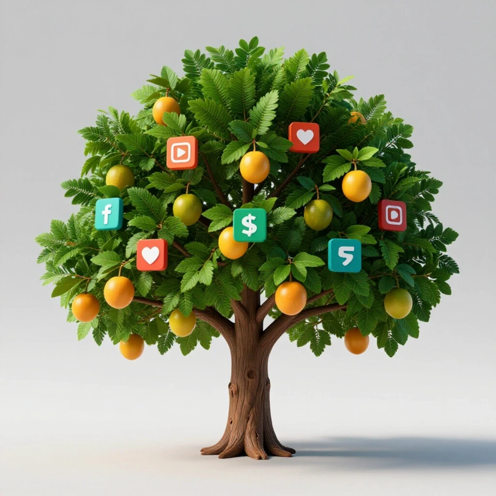 A vibrant tree with social media icons as fruit symbolizes growth in content strategy.