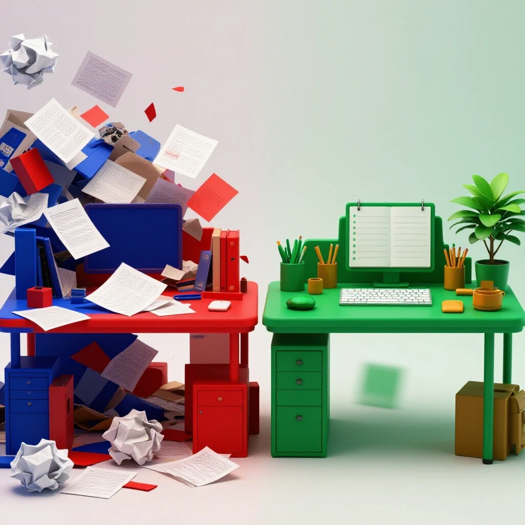 3D illustration contrasting a cluttered desk overflowing with chaos on one side and an organized, serene workspace on the other, symbolizing balance.