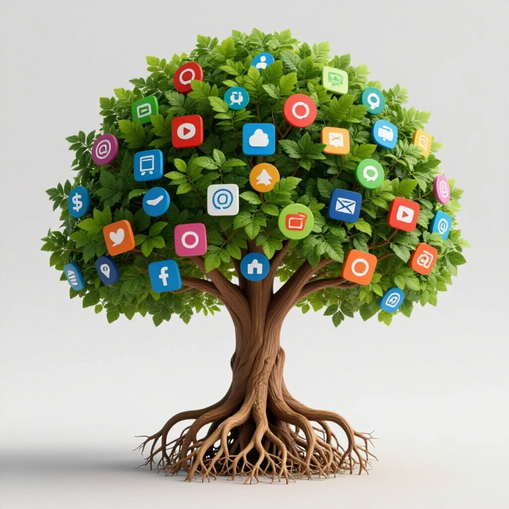 A vibrant tree with social media icons as leaves, symbolizing sustainable social media engagement growth.