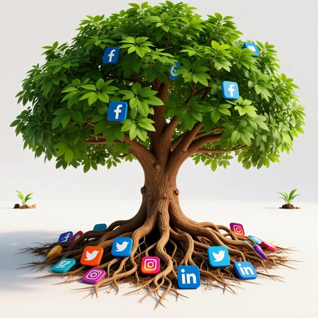 A vibrant 3D-rendered tree with luminous leaves and tangled roots of social media icons, set against a bright white background, symbolizing sustainable growth.