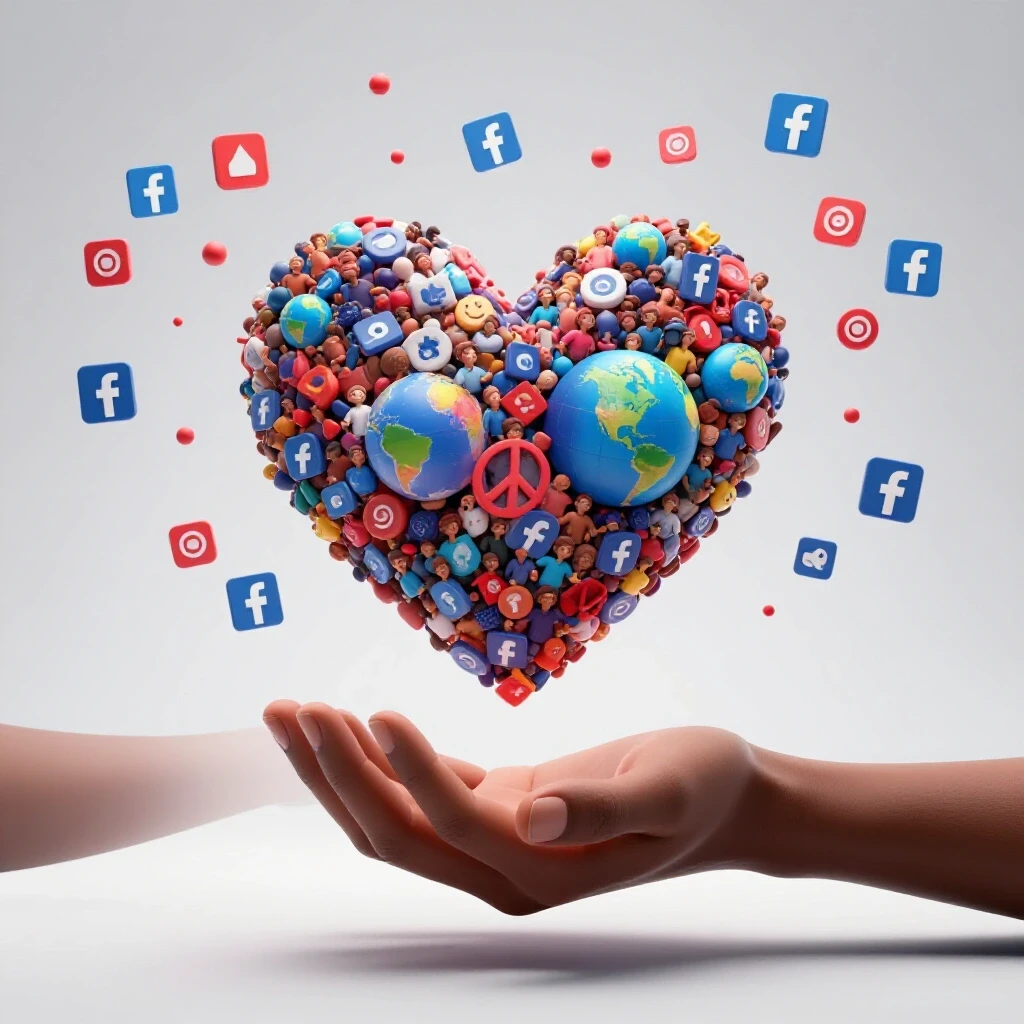 A giant hand reaching for a fragmented heart made of social symbols, set against a vibrant Facebook-themed digital landscape.