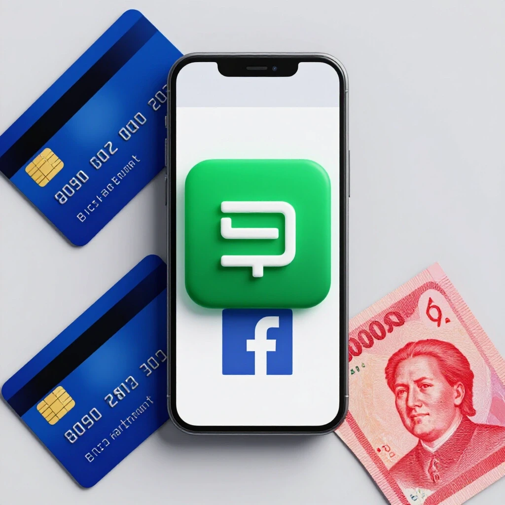 A smartphone showcasing the Facebook logo, surrounded by various payment methods: glossy credit card, digital wallet icon, and cash on a bright background.