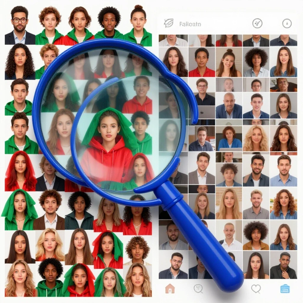 A split image of a vibrant magnifying glass highlighting diverse overlooked individuals contrasting a crowded social media feed.
