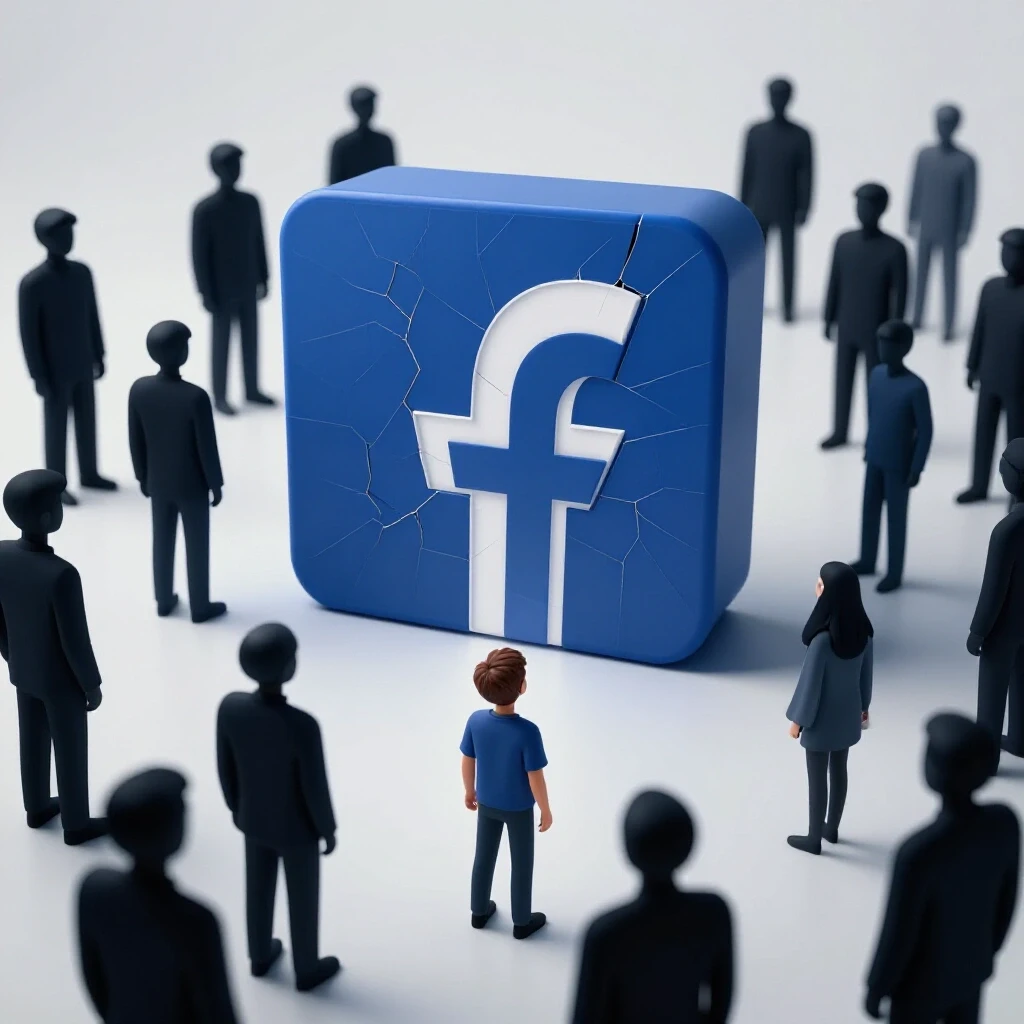 A young person gazes at a giant cracked Facebook logo, surrounded by shadowy figures symbolizing surveillance.