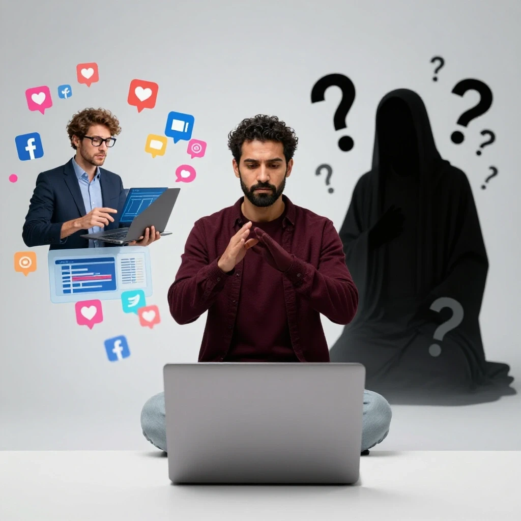 A split composition showing a Facebook ads analyst on one side and a mysterious guru figure on the other against a light background.
