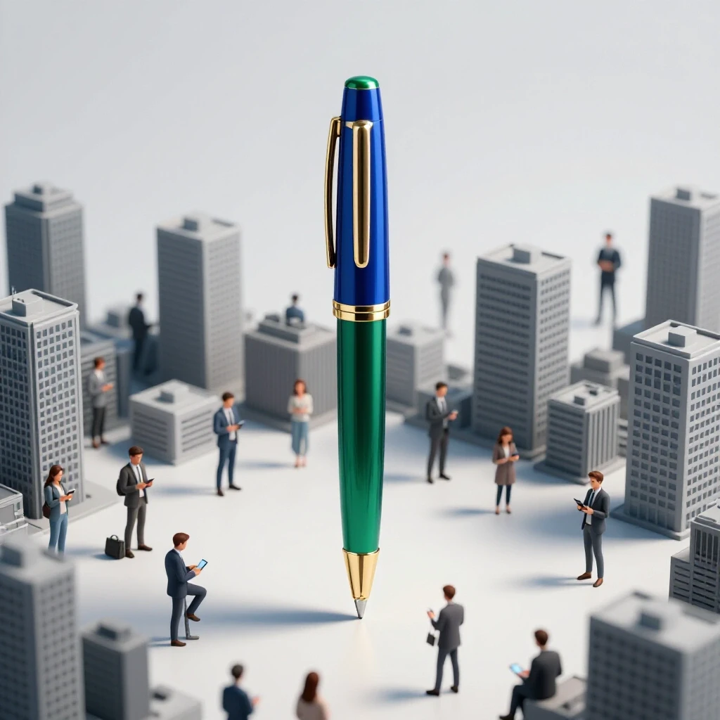 A towering illuminated pen overlooking a vibrant city filled with people using digital devices, symbolizing thought leadership.