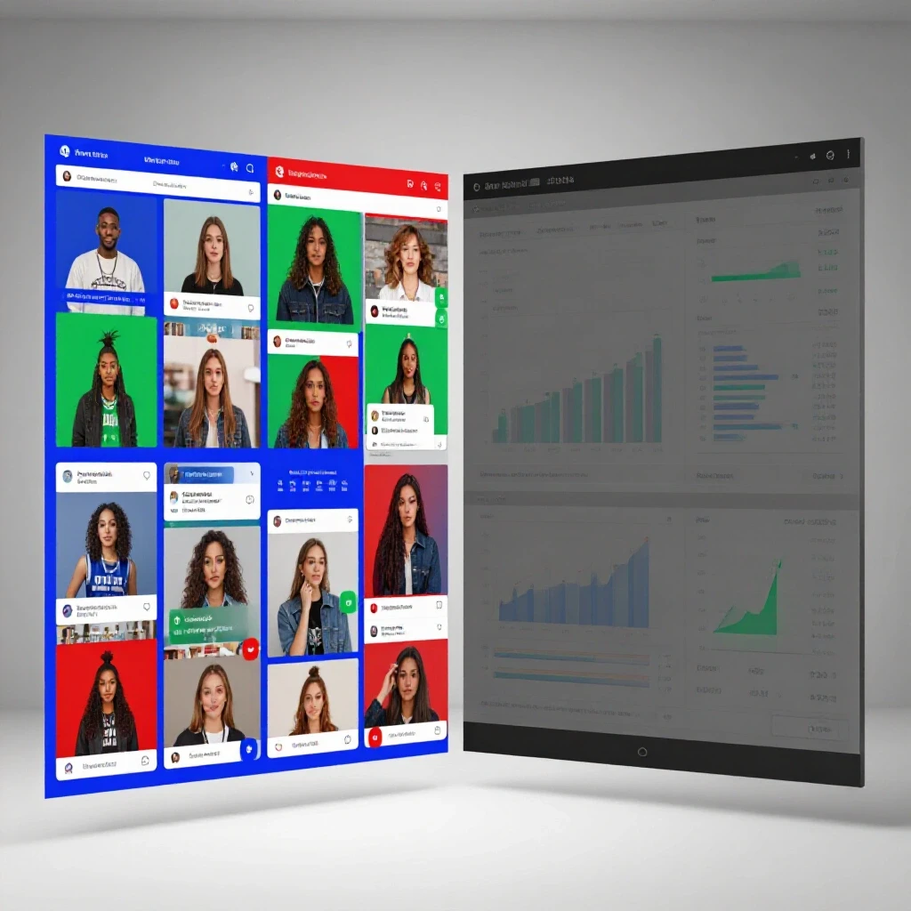 A split-screen image showing a vibrant social media feed and analytical metrics side by side, illustrating ThruPlay in Facebook Ads.