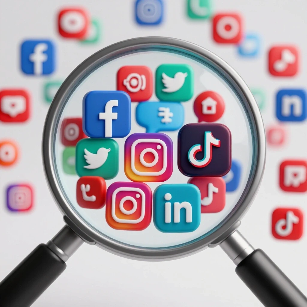 A magnifying glass zooming in on vibrant social media icons, symbolizing niche targeting in social media marketing.