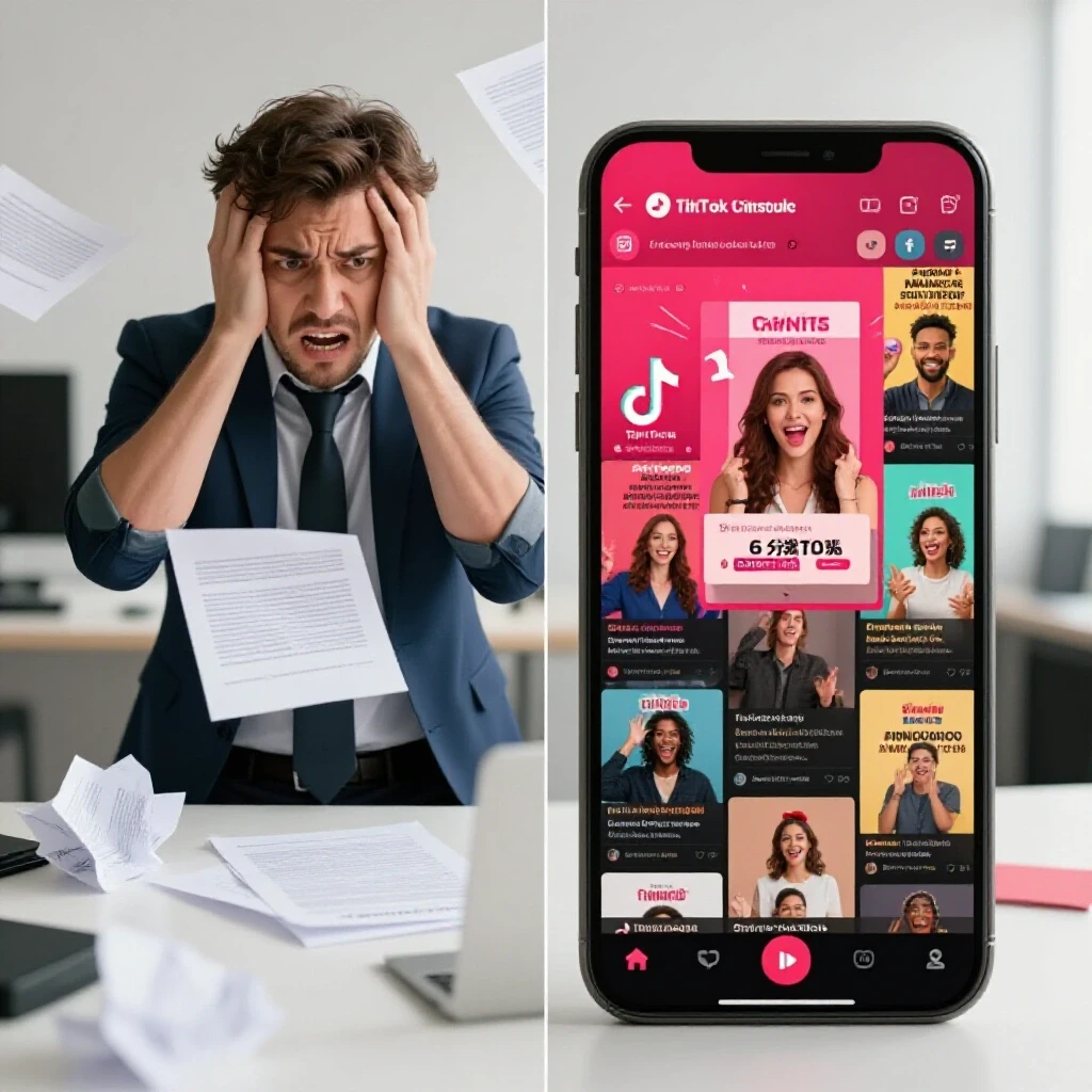 Split image contrasting a frustrated coach with crumpled ads on one side and a vibrant TikTok feed of successful ads on the other side.